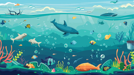 Obraz na płótnie Canvas Ocean with aquatic animals and plastic garbage floati