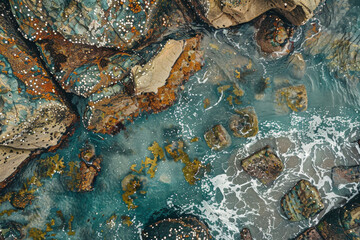An overhead view of a rocky shoreline, with tide pools and barnacle-covered rocks creating a textured seascape. 