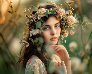 Ethereal Woman with Floral Headpiece in Dreamy Nature Setting