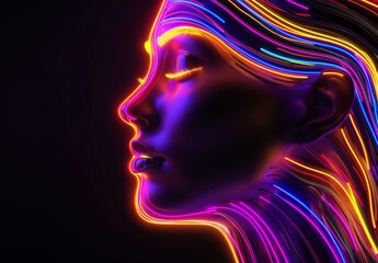 Create an abstract linear art portrait of a woman illuminated by vibrant neon colors against a dark background.