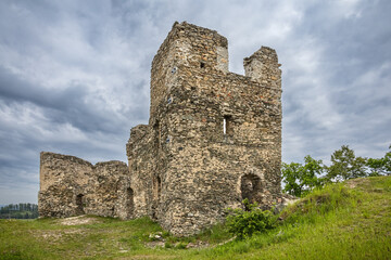 Stony ruins of medieval castle in spring or summer landscape