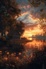 Natural Symphony: Scenic Lake, Ghostly Cottage and Blooming Wildflowers at Sunset