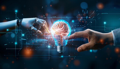 Fototapeta premium A robot is touching a light bulb with its hand by AI generated image