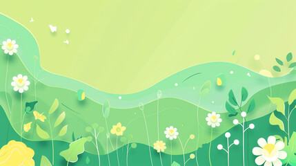 Vibrant green landscape with blooming flowers and gentle curves on a bright spring day