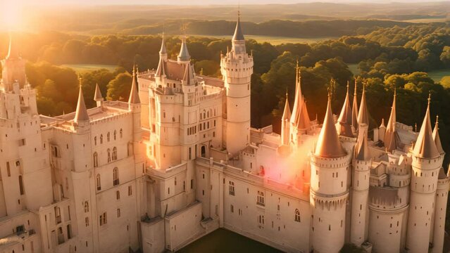 Beautiful castle arial view with sunset sky background.