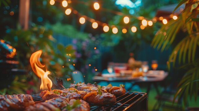 Summer BBQ atmosphere captured in a backyard, with a focus on the setting and a blurred grill, conveying warmth and hospitality