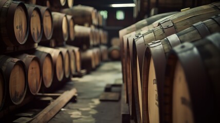 Wooden barrels stacked in a cellar