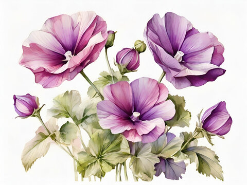 Purple mallow flowers on white background,Purple mallow flowers watercolor