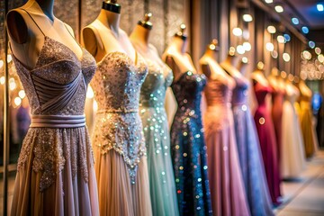Rent dresses for evening events. Close-up. Elegant women's dresses hang on white hangers on a barbell in the salon store.