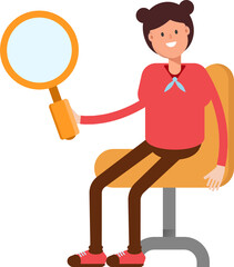 Cute Girl Character Sitting and Holding Magnifier
