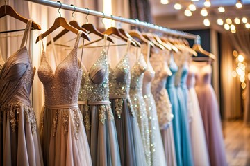 Rent dresses for evening events. Close-up. Elegant women's dresses hang on white hangers on a barbell in the salon store.