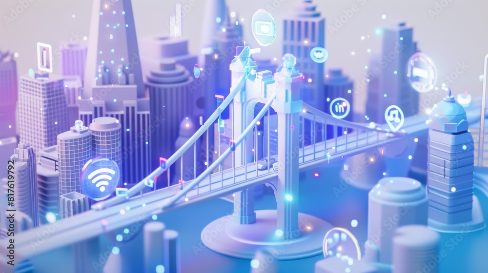 Poster a cityscape with a bridge and a lot of icons on it. the icons include a wifi symbol, a clock, and a 