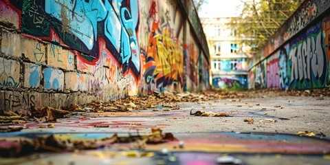 Graffiti-covered Alleyway With Autumn Leaves