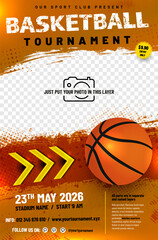 Basketball tournament poster template with ball, arrows and place for your photo