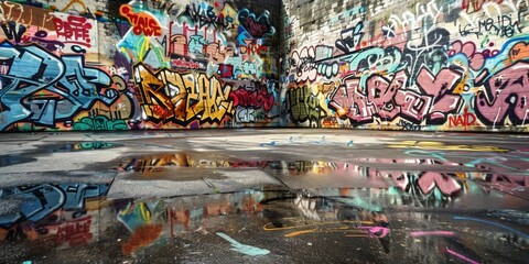 Graffiti Covered Wall With Puddle in City Alley