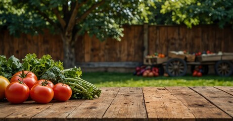 Farm wood table for displaying fresh produce against a green grass background