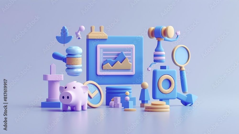 Aufkleber a blue and pink pig sits on a pile of coins and a stack of books. the pig is surrounded by various o