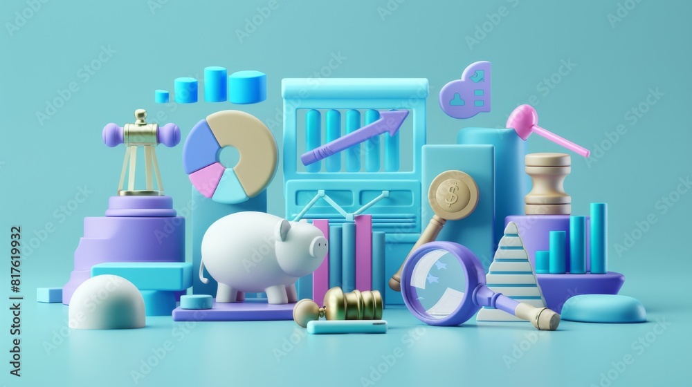 Fototapete a colorful image of a piggy bank and a magnifying glass with a bunch of other objects