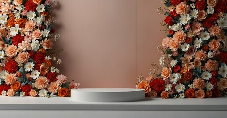 Floral podium backdrop for beauty product showcase