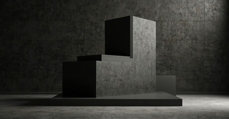 Geometric black podium against stone wall background for product presentation