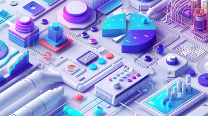 A colorful, futuristic cityscape with buildings and a rocket. The image is a representation of a futuristic city with a rocket launch