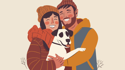 Pair of happy man and woman embracing cute dog and Ad