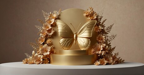 Gold butterfly podium with floral backdrop for beauty product presentation.