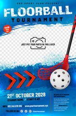 Floorball tournament poster template with ball, stick, arrows and place for your photo