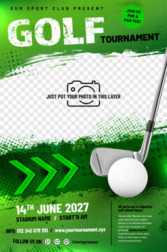Golf tournament poster template with ball, club, arrows and place for your photo