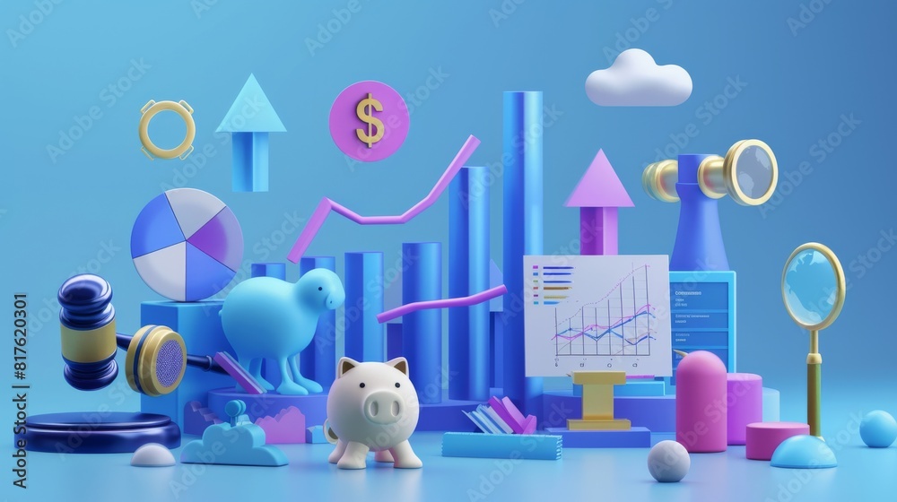 Poster the image is a colorful and creative representation of financial data, with a piggy bank and a gavel
