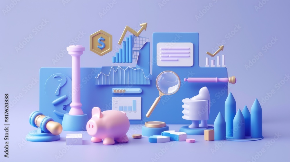 Poster A blue background with a pink piggy bank and a gold coin. The piggy bank is on the left side of the image and the coin is on the right. There are also some other objects like a book, a bottle