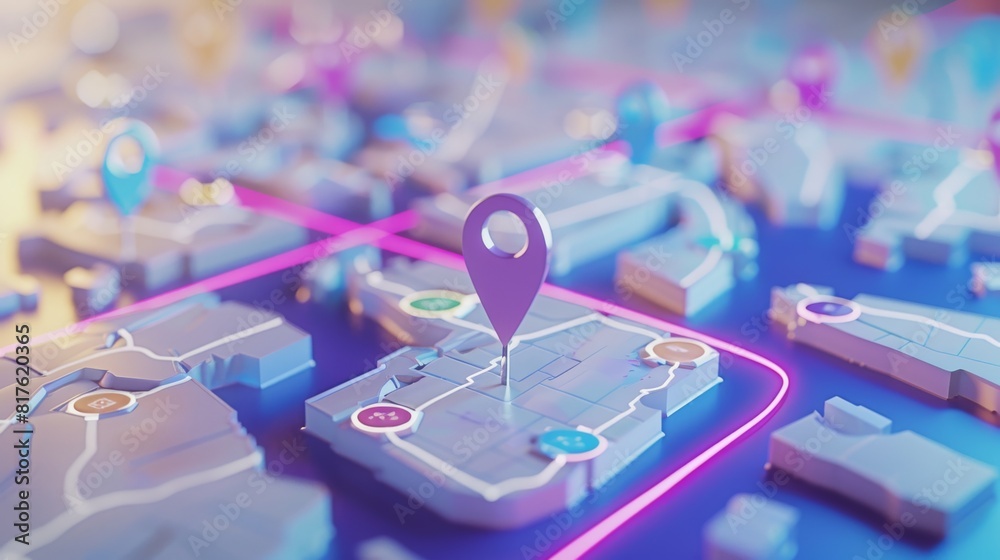Poster a map of a city with a purple pin on it. the map is full of different colored pins, each representin