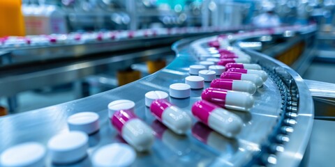 Pills Moving on a Conveyor Belt in a Factory