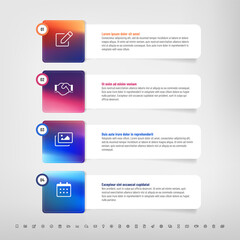 Step by step infographics template with modern gradients, four paper frames and set of icons
