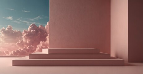 Pink 3D podium against soft sky background for product presentation.