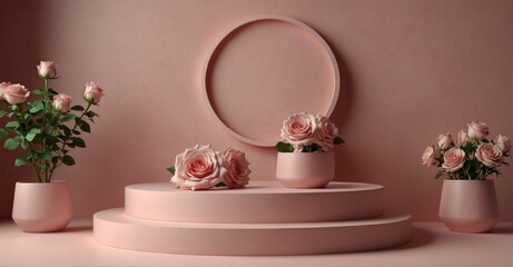 Pink 3D podium with rose background for spring product display