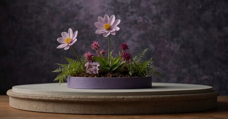 Purple flower podium for nature-inspired product showcase
