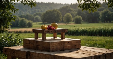 Wooden podium set against a natural farm landscape for displaying food products