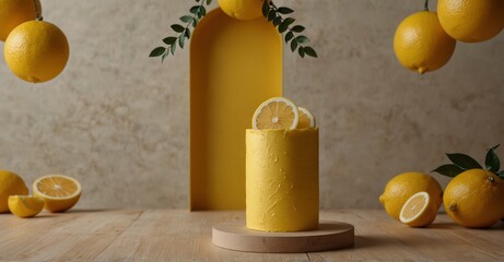 Yellow podium backdrop for displaying lemon-themed products