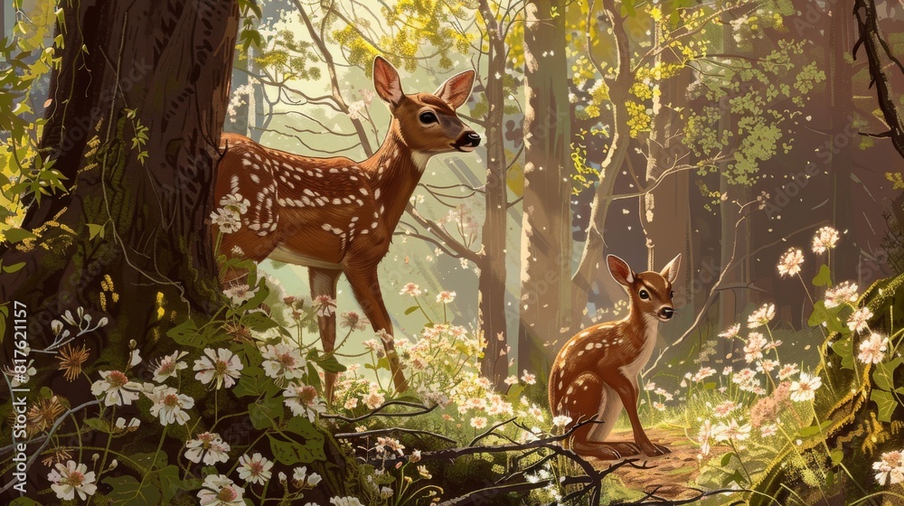 Poster two deer are standing in a forest with flowers in the background