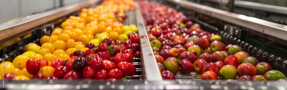 Poster a conveyor belt of fruit is being sorted and displayed in a grocery store. the fruit includes apples