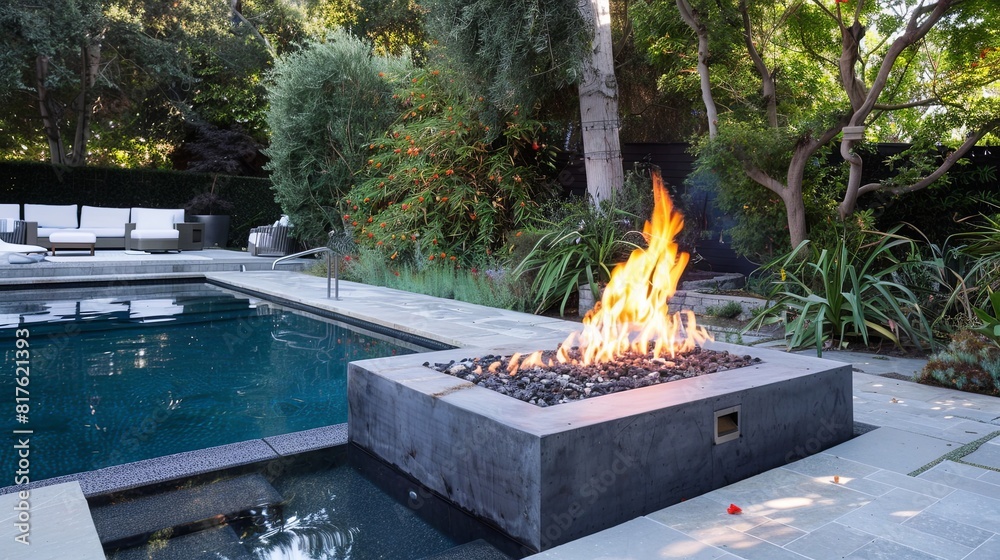 Canvas Prints backyard gas firepit beside pool fire