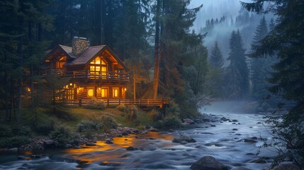 Fototapeta premium A cabin in the woods at night.