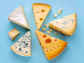 Variety of cheese slices on blue background