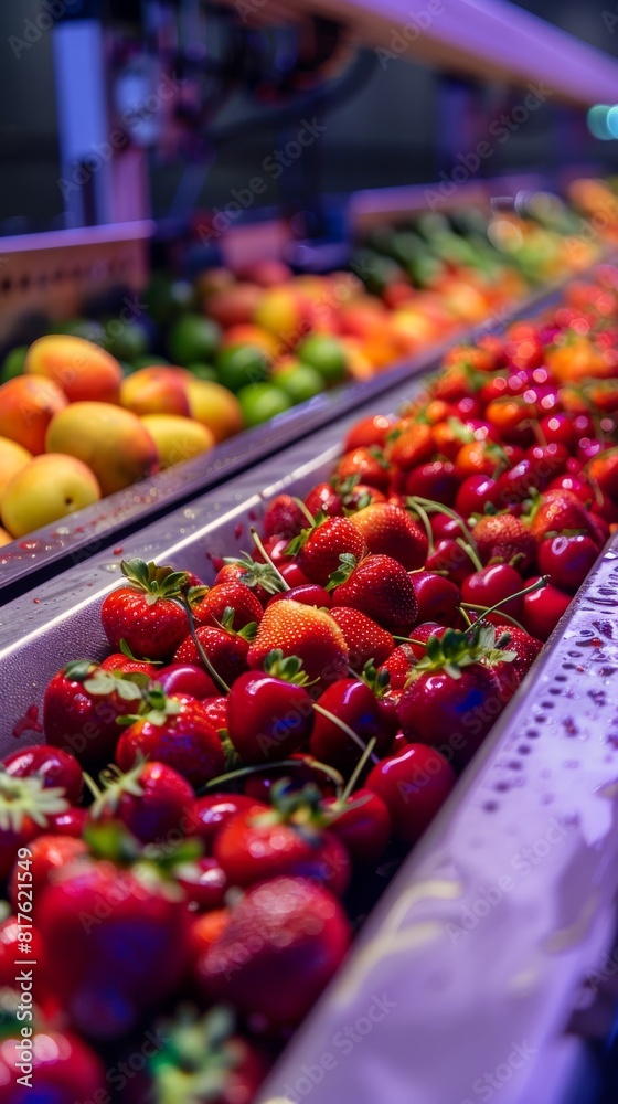 Poster a row of red strawberries on a conveyor belt. the strawberries are ripe and ready to be picked