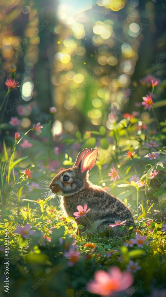 Aufkleber a rabbit is sitting in a field of flowers. the rabbit is looking at the camera. the flowers are pink