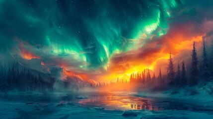 Fototapeta premium A beautiful painting of the aurora borealis over a lake.