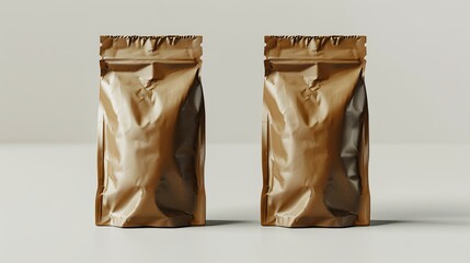 Banner Space for Text, a beautiful mockup image of two brown coffee bean packet bags, the packet is smooth and has a white label on it