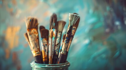 Fototapeta premium A vase full of paintbrushes of various sizes and colors