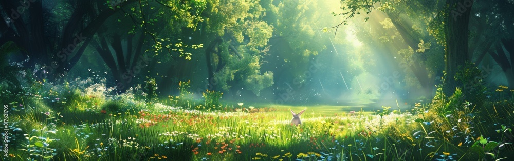 Poster A lush green field with a rabbit in the foreground. The rabbit is looking to the right. The scene is peaceful and serene